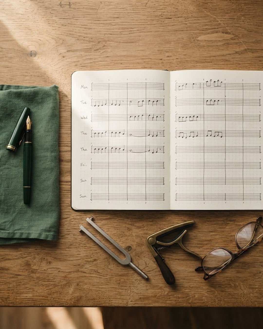 An oak desk with an open notebook, a pen, a tuning fork and a capo