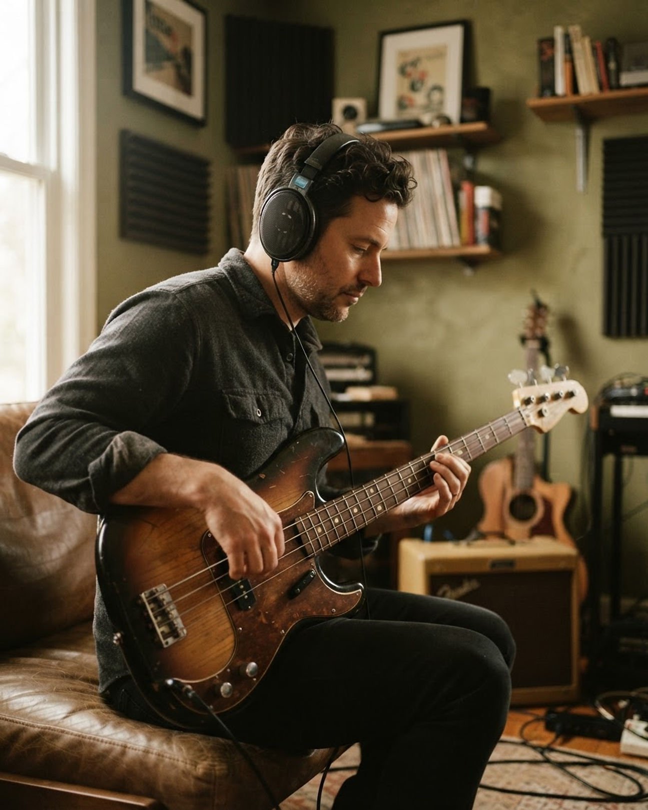 A bassist practicing alone in a quiet room, wearing headphones and playing along to a recording