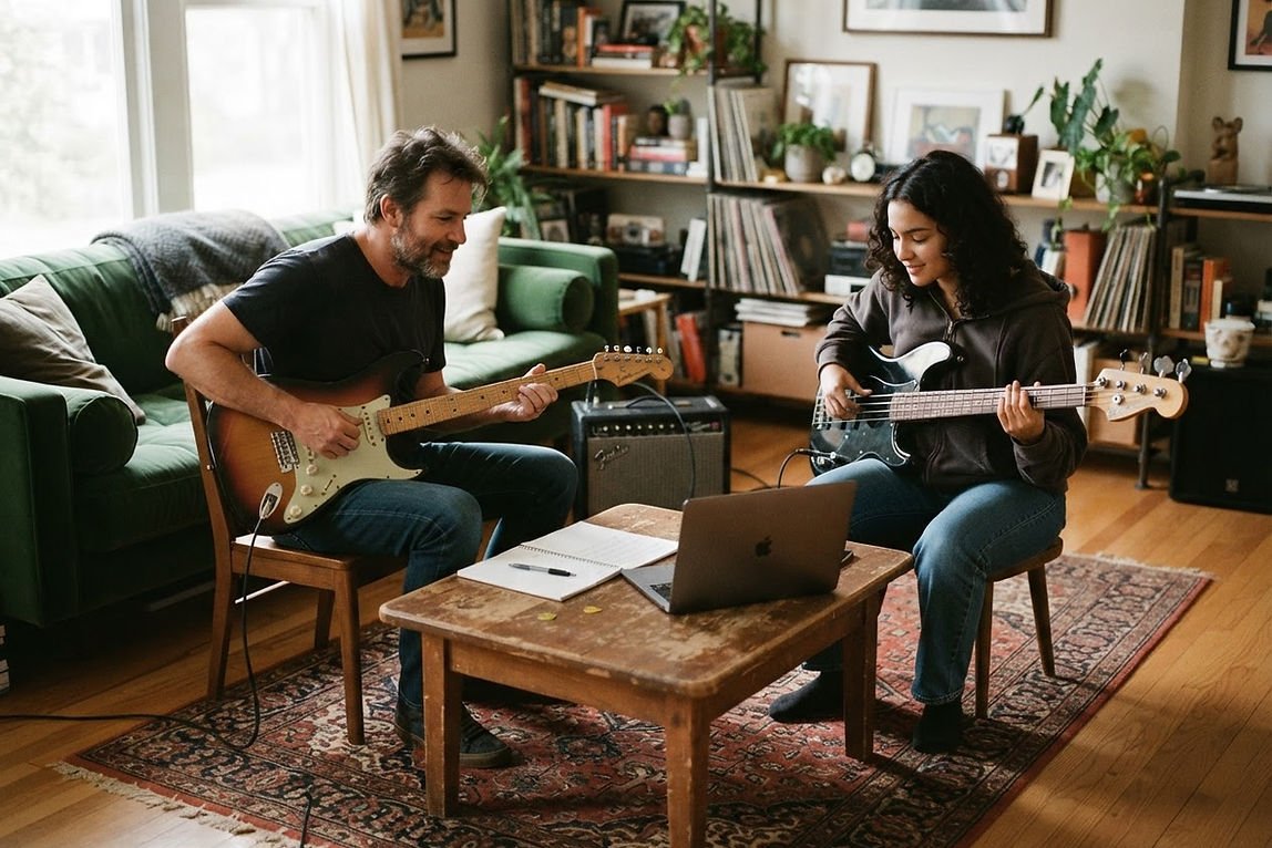 A teacher with a guitar and a student with a bass working through a passage together at home